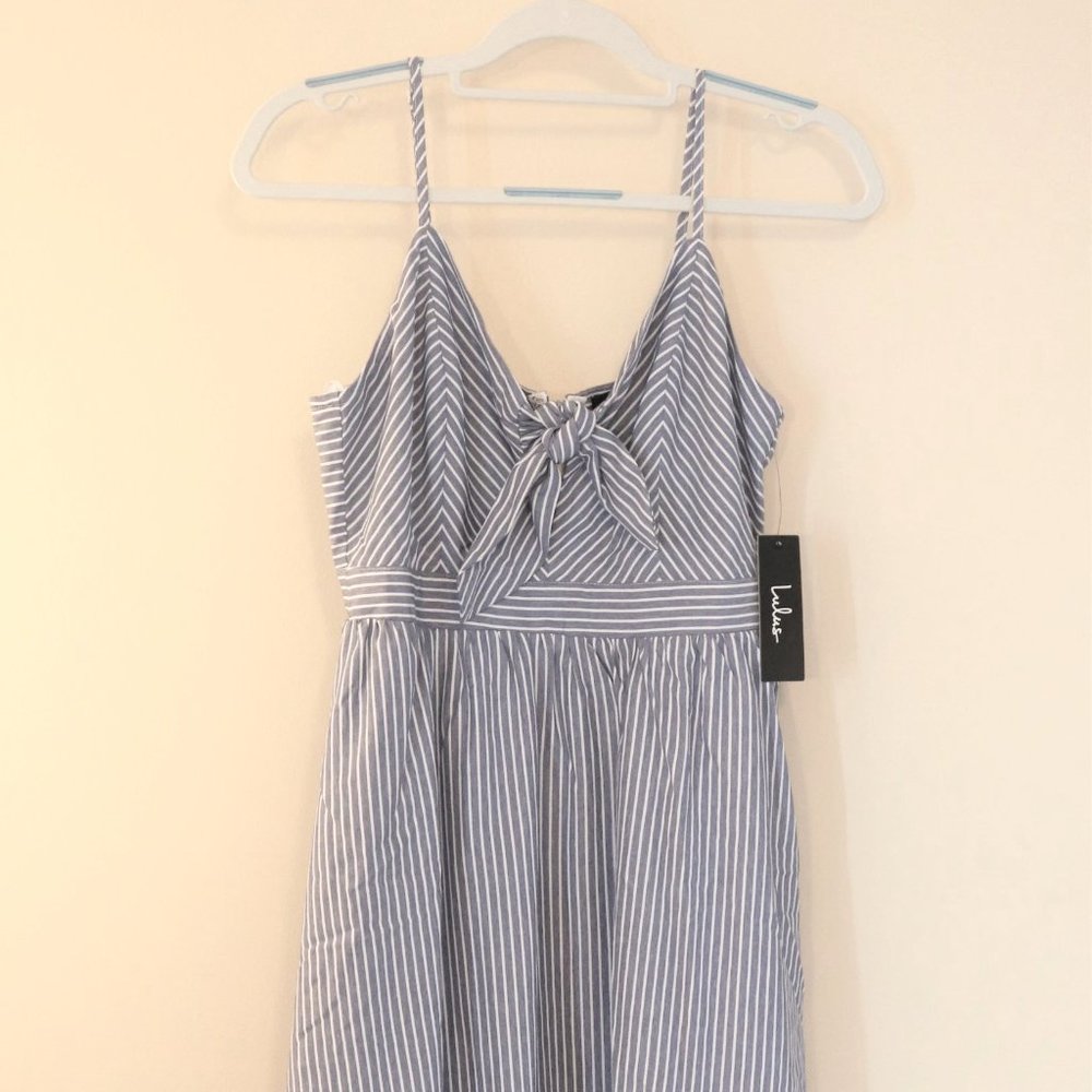 Joyful Days Blue Striped Knotted Front Midi Dress With Pockets